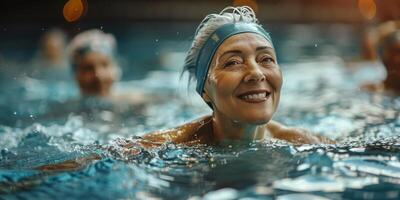 ai generato donna nuoto nel piscina con altro persone foto