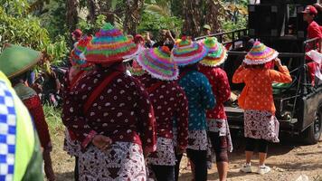 ambarawa, agosto 17 ° 2023. indonesiano agricoltori indossare cappelli e portare bandiere a il indonesiano indipendenza giorno carnevale. foto