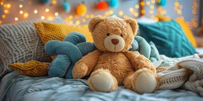 ai generato orso seduta su letto con cuscini foto