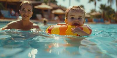 ai generato donna e bambino nel un' piscina con gonfiabile galleggiante foto