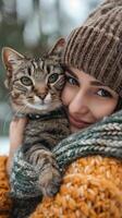 ai generato donna Tenere gatto nel sua braccia foto