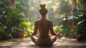 ai generato donna l'esecuzione yoga posa nel foresta radura foto