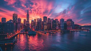 ai generato città orizzonte staglia di tramonto leggero foto