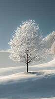 ai generato solitario albero in piedi nel nevoso campo foto