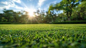 ai generato sole splendente attraverso alberi nel parco foto