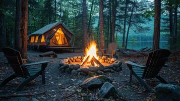 fuoco di bivacco ardente luminosa accanto tenda foto