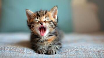 piccolo gattino sbadiglia su coperta foto