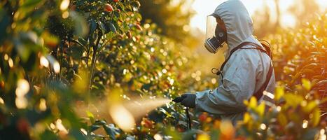 ai generato un' contadino, rivestito nel protettivo capi di abbigliamento e maneggiando Avanzate spruzzatura attrezzatura, si applica eco-friendly pesticidi, salvaguardare tutti e due colture e natura foto