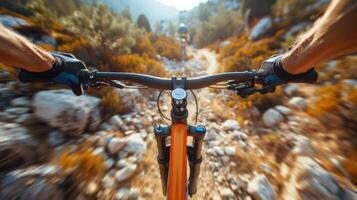 persona equitazione bicicletta su montagna pista foto