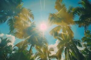 ai generato il sole splendente attraverso il baldacchino di alto, lussureggiante palma alberi foto