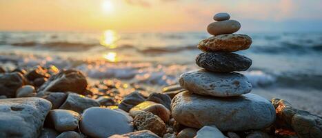 ai generato contro il fondale di un' sereno tramonto, armonioso pila di liscio ciottoli di meditazione e consapevolezza, un' simbolo di equilibrio e armonia con natura foto