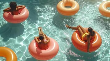 gruppo di persone galleggiante su gonfiabili nel un' piscina foto