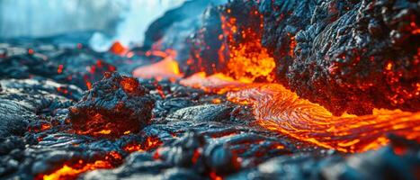 ai generato drammatico avvicinamento di raggiante fuso lava flusso contro un' attenuazione cielo, evidenziazione della natura crudo energia foto