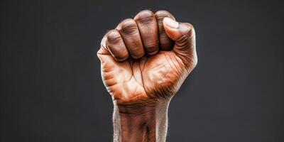 ai generato un' foto in mostra un' mans stretto cazzotto contro un' rigido nero sfondo. il Immagine sottolinea potenza, resilienza, e determinazione