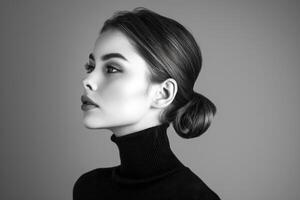 ai generato donna con un' elegante ciambella acconciatura indossare un' nero dolcevita, profilo Visualizza nel un' nero e bianca artistico ritratto foto