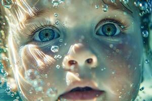 ai generato avvicinamento subacqueo tiro di un' del bambino viso, con largo curioso occhi e aria bolle circostante loro foto