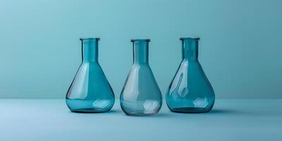 ai generato tre laboratorio bicchiere fiaschi con blu liquidi, ordinatamente disposte su un' blu superficie con un' minimalista scientifico impostare foto