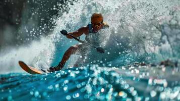 uomo equitazione onda su tavola da surf foto