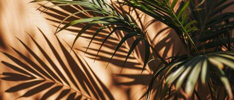 ai generato il interazione di leggero e ombra a partire dal tropicale palma le foglie crea un artistico modello su un' caldo, strutturato parete foto