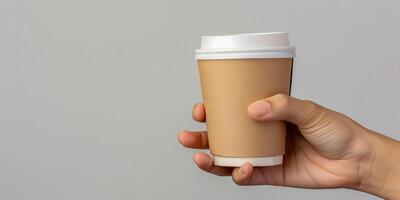ai generato un' persone mano Avvincente un' Marrone carta caffè tazza con un' bianca coperchio, simboleggiante urbano stile di vita e eco-friendly scelte foto