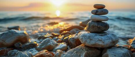 ai generato contro il fondale di un' sereno tramonto, armonioso pila di liscio ciottoli di meditazione e consapevolezza, un' simbolo di equilibrio e armonia con natura foto