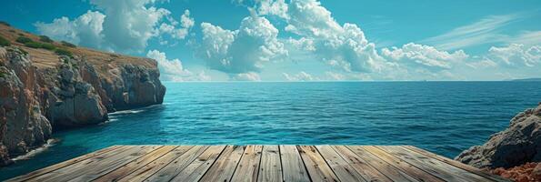 ai generato costiero scena con un' di legno piattaforma e un' vasto blu oceano incontro il cielo foto