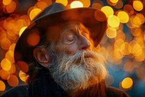 ai generato saggio vecchio uomo con un' fluente barba e un' solenne espressione, indossare un' cappello, preghiere con chiuso occhi contro un' fondale di d'oro bokeh luci foto
