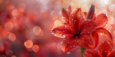 ai generato delicato rugiada si aggrappa per il petali di un' cremisi giglio, impostato contro un' dolce bokeh leggero sfondo, evocando un' sereno, magico momento foto