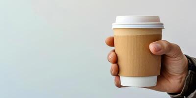 ai generato un' persone mano Avvincente un' Marrone carta caffè tazza con un' bianca coperchio, simboleggiante urbano stile di vita e eco-friendly scelte foto