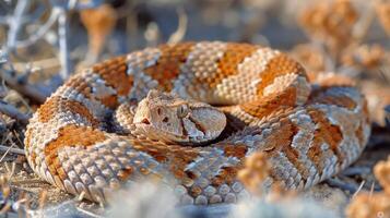 Marrone e bianca serpente arricciato su su terra foto