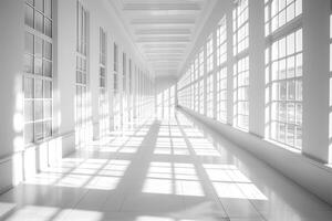 ai generato un' monocromatico corridoio bagnata nel naturale luce, dove il giocare di ombre crea un' ritmo di leggero e scuro, evocando pace e simmetria. foto