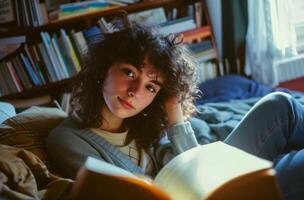 ai generato un' dai capelli ricci donna nel un' accogliente a maglia maglione irradia un' senso di alleviare e calore nel un' dolcemente illuminato cucina ambientazione foto