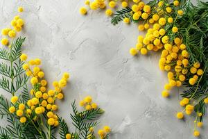 ai generato vivace giallo mimosa fiori su strutturato sfondo foto