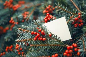 ai generato festivo abete e frutti di bosco piatto posare foto