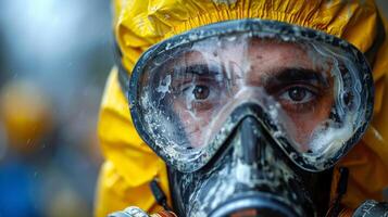 uomo indossare giallo giacca e gas maschera foto