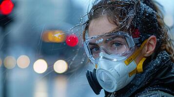 uomo indossare giallo giacca e gas maschera foto