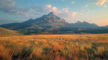 erboso campo con montagne nel il sfondo foto