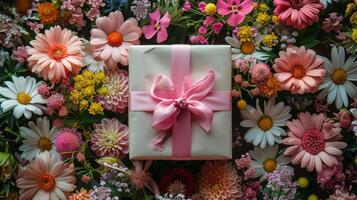 un' regalo avvolto nel rosa nastro circondato di fiori foto