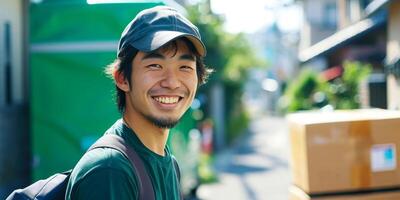 sorridente consegna uomo con berretto e zaino nel urbano ambientazione foto