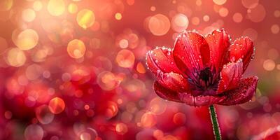un' rosso anemone fiore, scintillante con mattina rugiada, contrasti meravigliosamente con un' festivo bokeh leggero sfondo foto