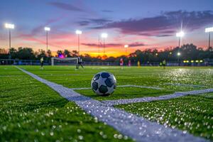 il sera splendore di un' tramonto bagna un' calcio campo nel caldo luce, con il palla nel messa a fuoco e Giocatori nel movimento nel il sfondo foto