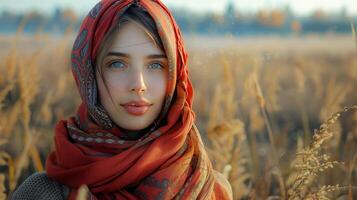 donna indossare rosso sciarpa nel Grano campo foto