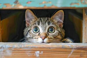 curioso gatto sbirciando a partire dal di legno scatola foto