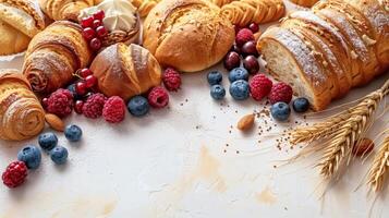 tavolo sormontato con pane e rotoli coperto nel in polvere zucchero foto