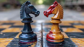 nero e rosso cavaliere scacchi pezzi di fronte ogni altro su un' tavola foto