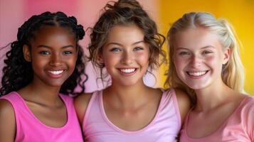 sorridente trio di giovane amici nel rosa abbigliamento foto
