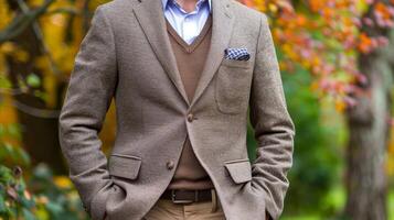 elegante autunno moda, uomo nel un' elegante Marrone blazer all'aperto foto