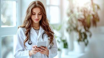 femmina medico utilizzando smartphone nel clinica durante giorno foto