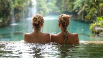 Due donne rilassante nel un' naturale caldo primavera vicino un' cascata foto