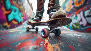 avvicinamento andare con lo skateboard trucco su colorato graffiti terra foto